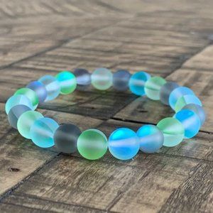 Blue Green Gray Mystic Aura Stretch Bead Bracelet